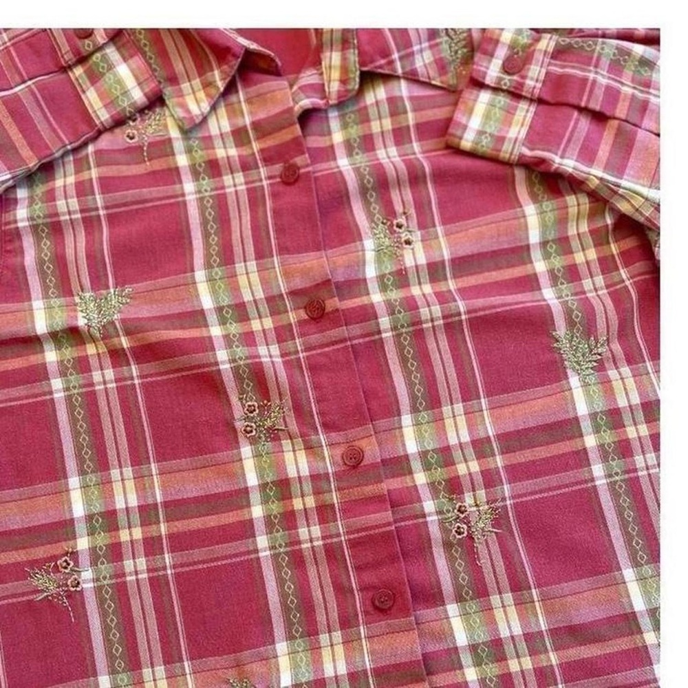 Vintage Alfred Dunner Pink Plaid Button Down Long Sleeve Shirt Flowers - Picture 3 of 7